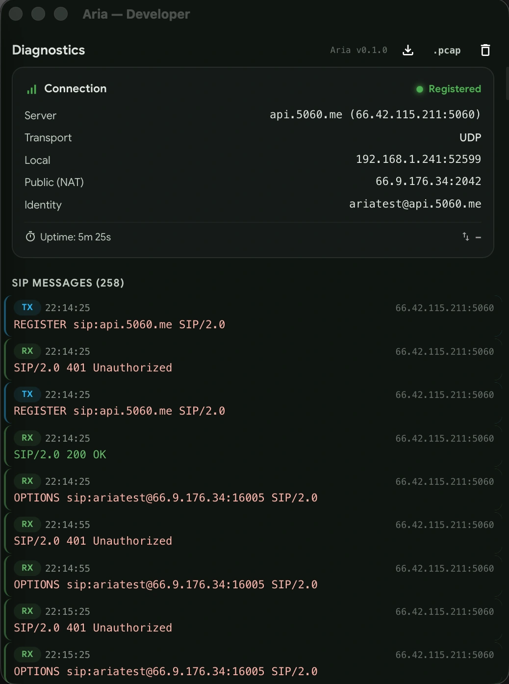 Aria Softphone developer diagnostics panel